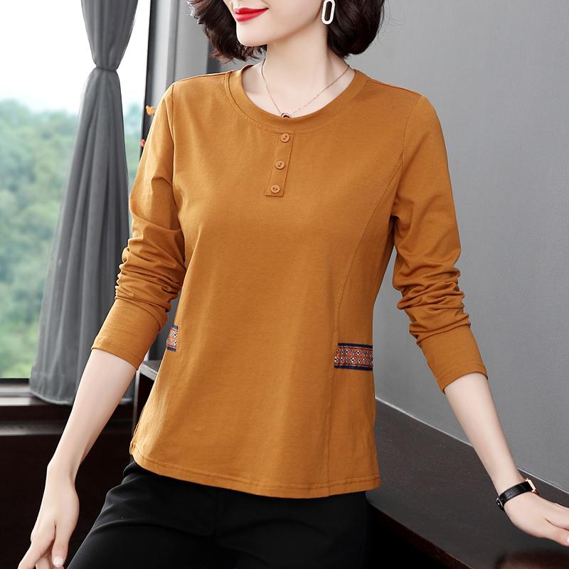 Women's Spring and Summer T -shirt Middle -aged Base Shirt Pure Cotton Long Sleeve Loose Top Fashion New Middle -aged Mothers Clothes