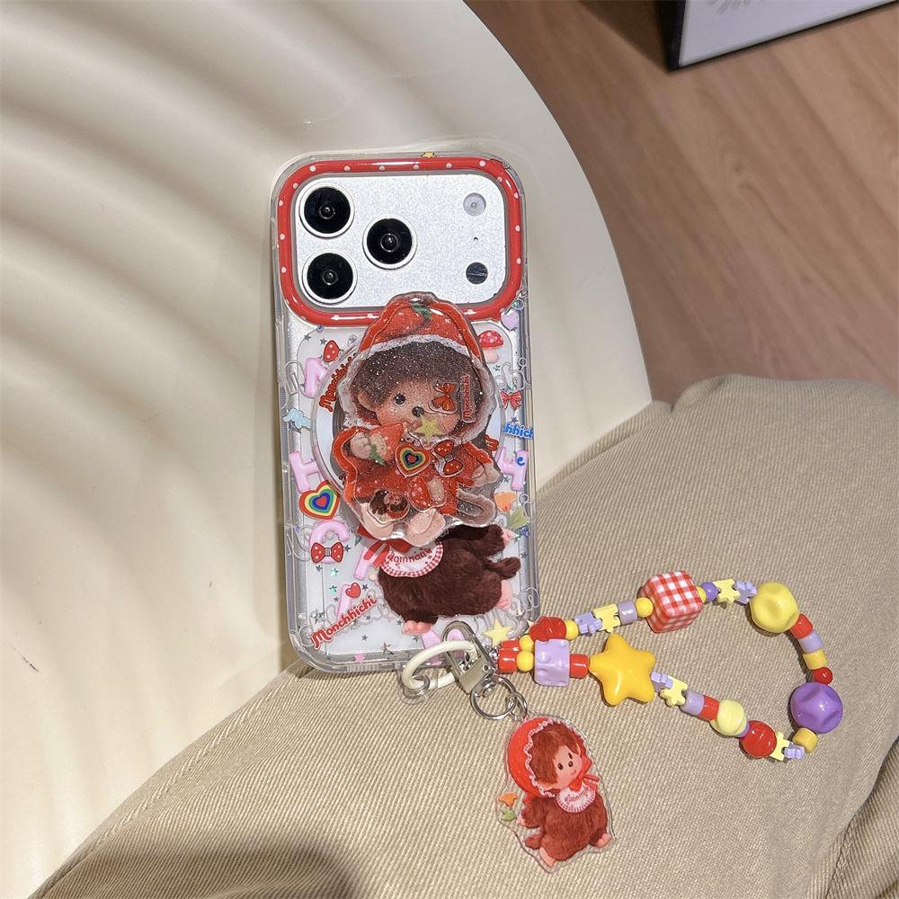 Милый клубничный медведь Магнитный чехол для телефона для iPhone 17 16 Pro 15 Max 14 13 17 Pro Max Чехол с подставкой Magsafe Цепочка Прекрасный чехол