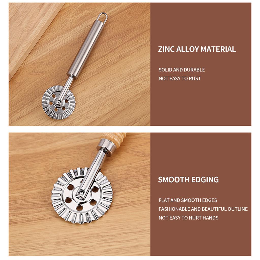 2 Pcs Biscuits Wheel Cutter, Pasta Cutter Wheel, Ravioli Pizza Cutter Wheels With Long Wooden Handle Dumpling Lace Making Noodle Dough Ruffled Edge