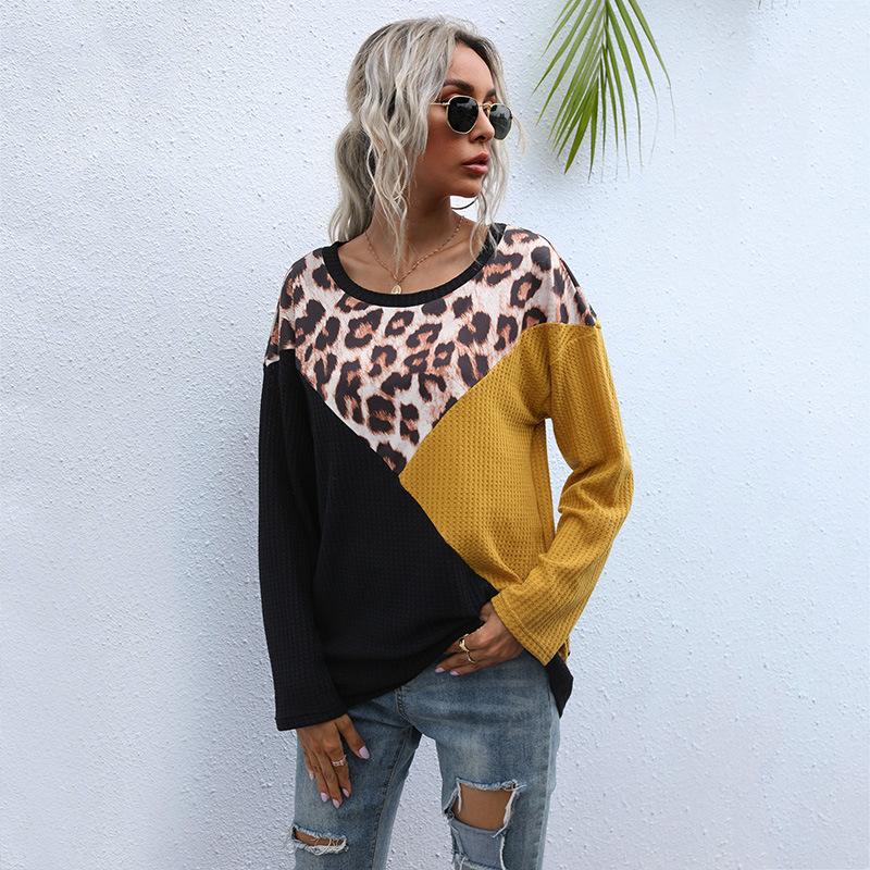 Comfortable Tops Shirts Fashionable and Casual Temperament Top Women Leopard Print Splicing Round Neck Loose Long Sleeve Mid-Length Knit Sweater