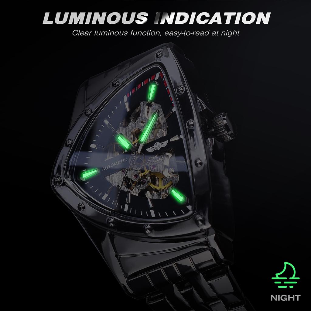 WINNER Треугольные скелетонированные механические часы в стиле стимпанк, швейцарский дизайн, винтажные часы, мужские роскошные автоматические часы из нержавеющей стали для мужчин