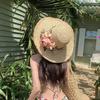 Women's Summer Floral Hand Woven Raffia Straw Hat French Style Wide Brim Sun Protection Hat Beach Vacation Sun Hat
