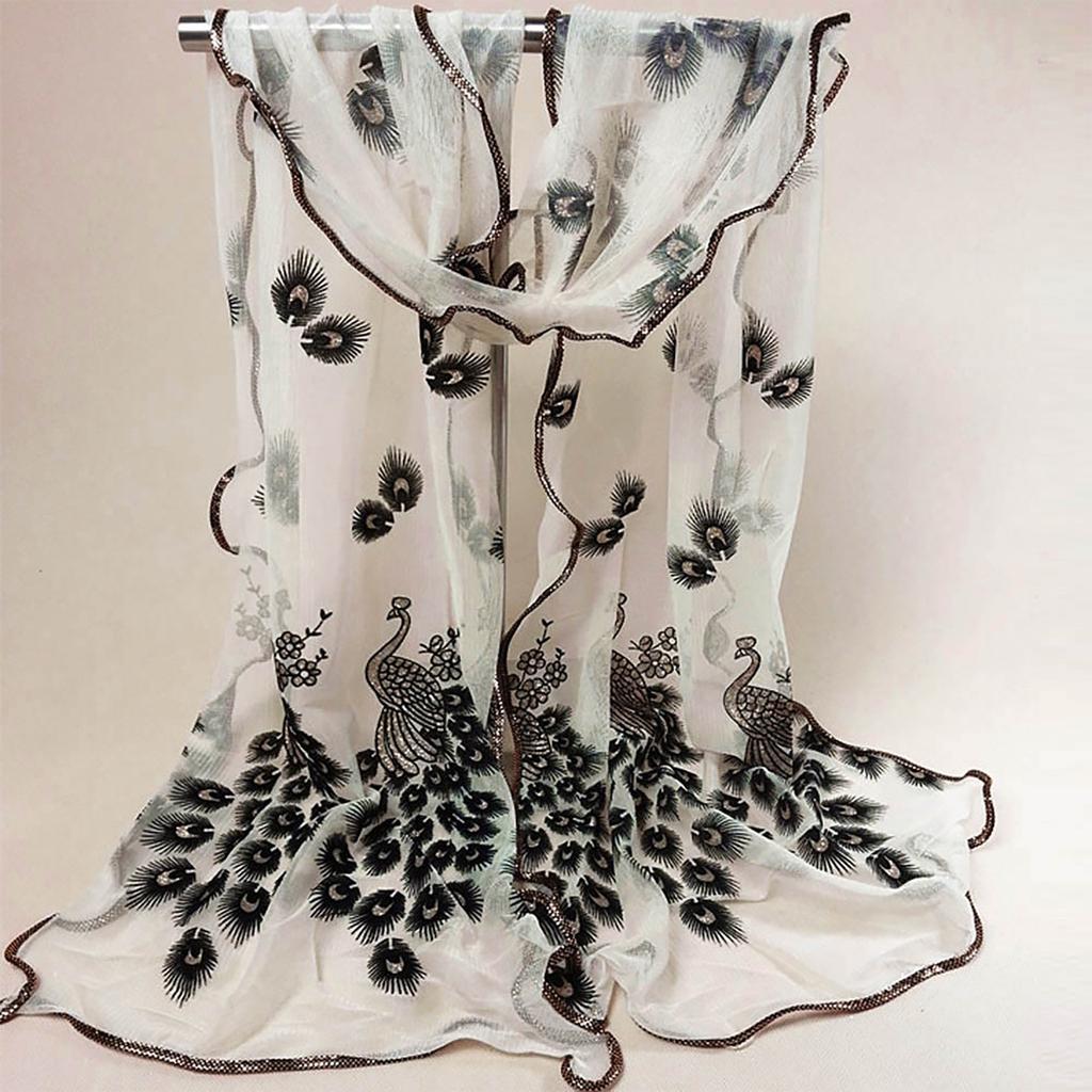 Женский кружевной шарф с вышитым цветком павлина, длинный мягкий платок с запахом