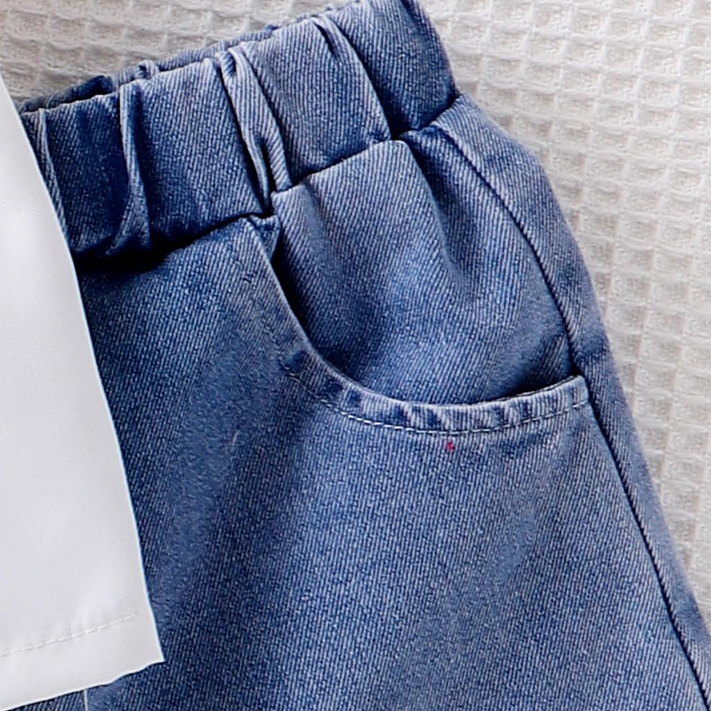 Детский модный костюм для девочек, летний, с рукавами-крылышками, кружевным воротником, джинсовыми кружевными шортами, костюм из двух частей