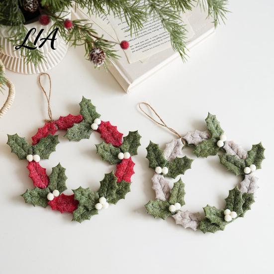 Soft Felt Craft Decoration 8 Inch Christmas Holly Wreath, Handmade Berry Hanging Wreath for Front Door, Winter Holiday Wall Window Decor Ornament