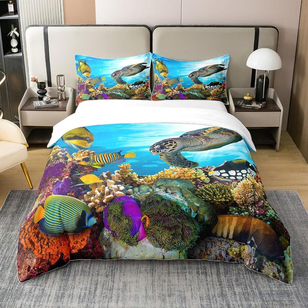 Turtle Bedding Set Microfiber Teen Bedding Light Blue Cute 3D Set for Small Double 3Pcs, Turtle Duvet Cover Set with Zipper