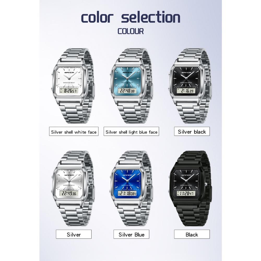Unisex Analog Digital Quartz Wristwatch Square Case Waterproof Stainless Steel Bracelet Watch