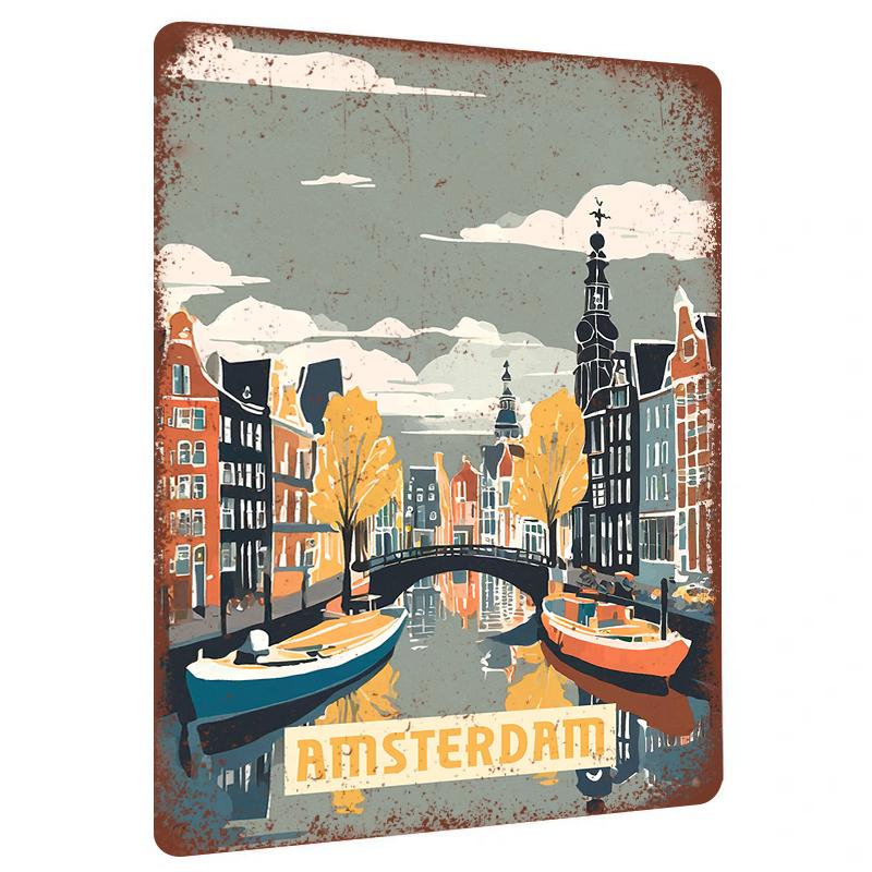 Amsterdam Canal Scene Metal Wall Art Vintage European Architecture Home Decor for Living Room