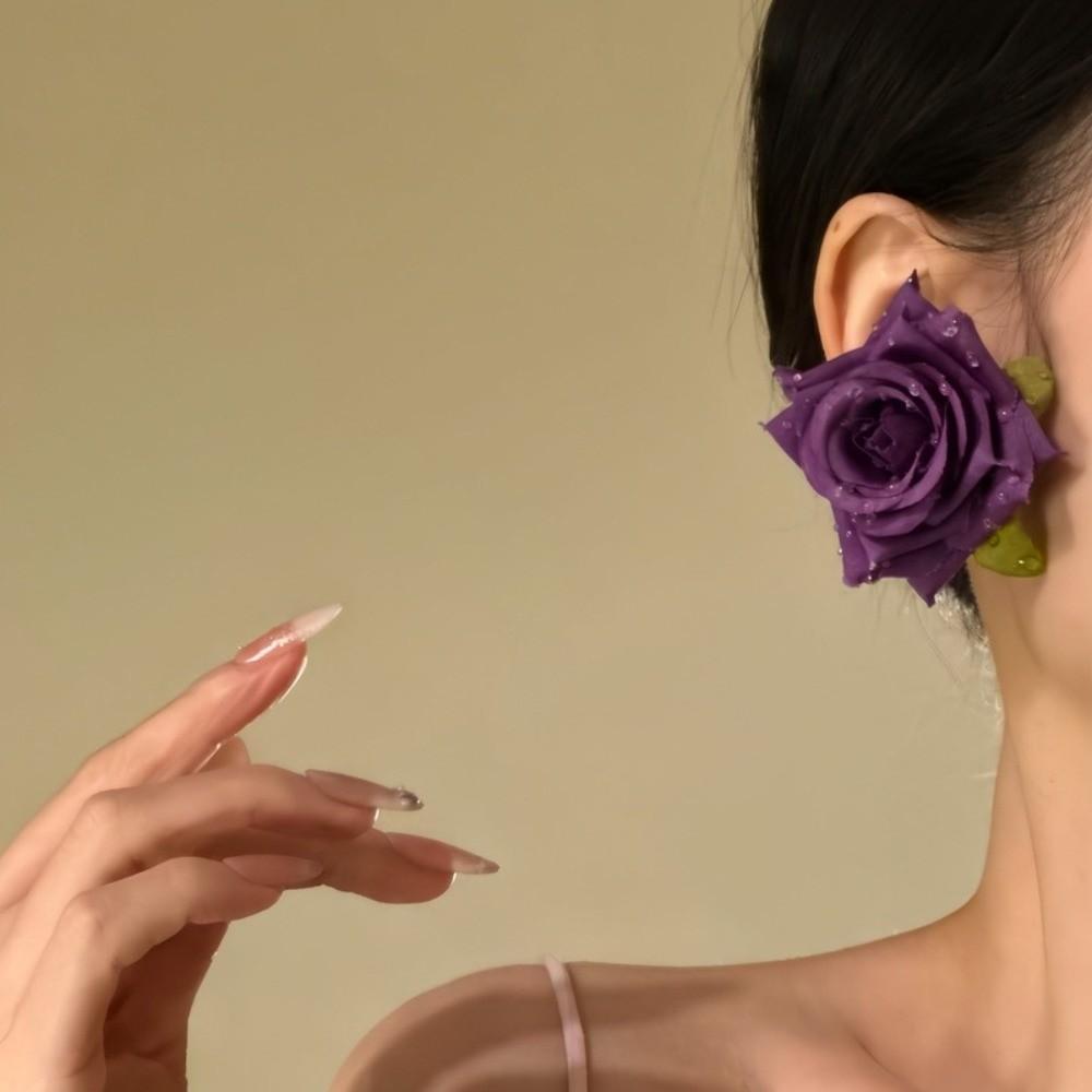Solid Color Floral Stud Earrings Cloth Drop Earrings Fashion Rose Flower Earrings Gift