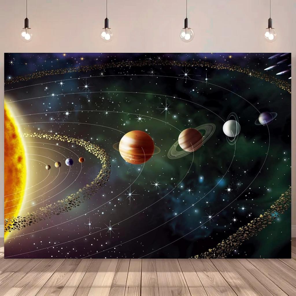 Galaxy themed background fabric - solar system and planet design, suitable for birthday parties, home decor, and photo booths