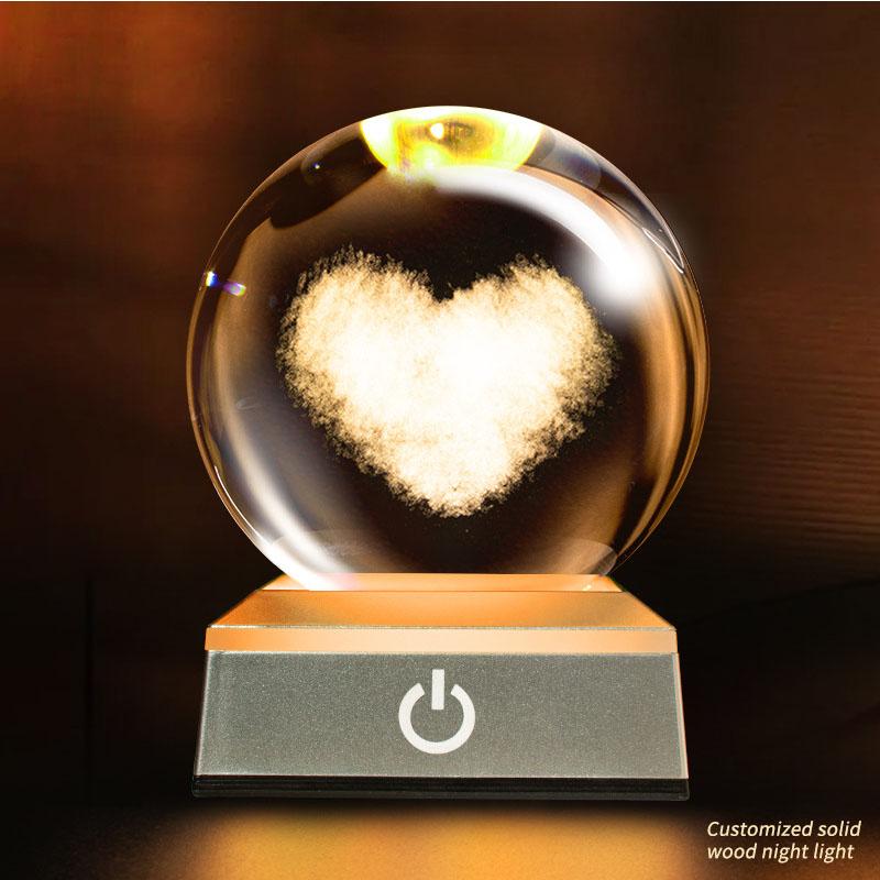 Personalized Custom Laser Engraved Crystal Ball Night Light Wooden Base Gift Commemorate Family and Important Days