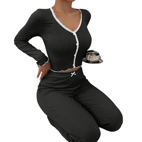 Womens Lace Trim Ribbed Knit Pajamas Set Long Sleeve Crop Top Wide Leg Pants Lounge Set 2 Piece Pjs Sleepwear
