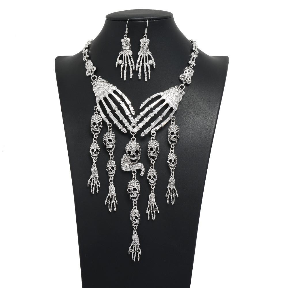 Fashion Bone Hand Women Necklace And Earring Set With Skeleton Design Fringe