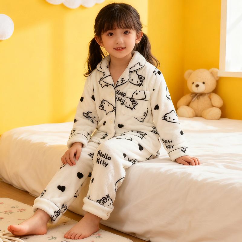 Kids Flannel Pajamas Set Boys Girls Warm Long Sleeve Top And Pants Sleepwear Winter Home Nightwear