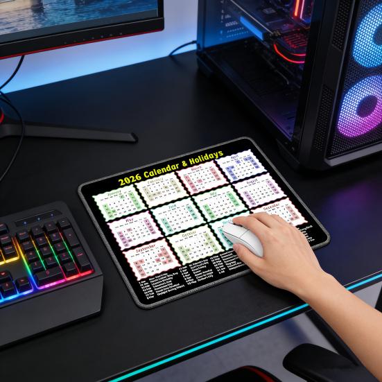 2026 Desk Calendar Mouse Pad Non-Slip Practical Date Planner with Full Year Layout & US Holidays Office Computer Mat for Home Office