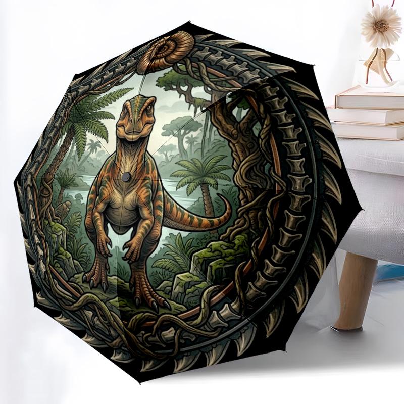 Prehistoric Dinosaur Emblem pattern umbrella, portable and foldable design, 8 ribs, a casual accessory for Halloween, Christmas, and birthday gifts.