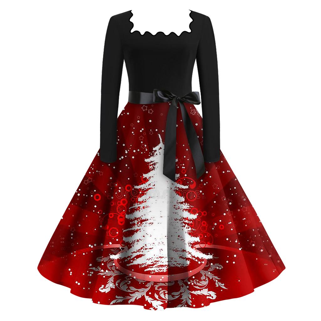 Women's Fashion Square Neck Casual Slim Christmas Printed Long Sleeve Dresses