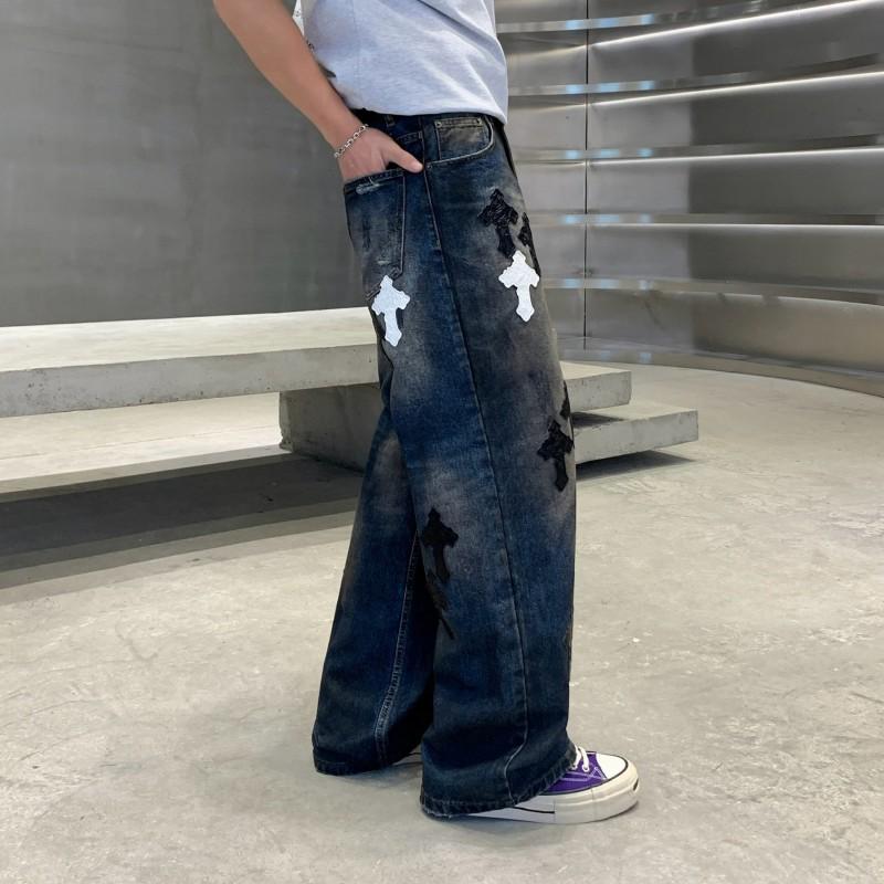 Mens Distressed Straight Leg Denim Jeans With Cross Embroidery Vintage Washed Blue