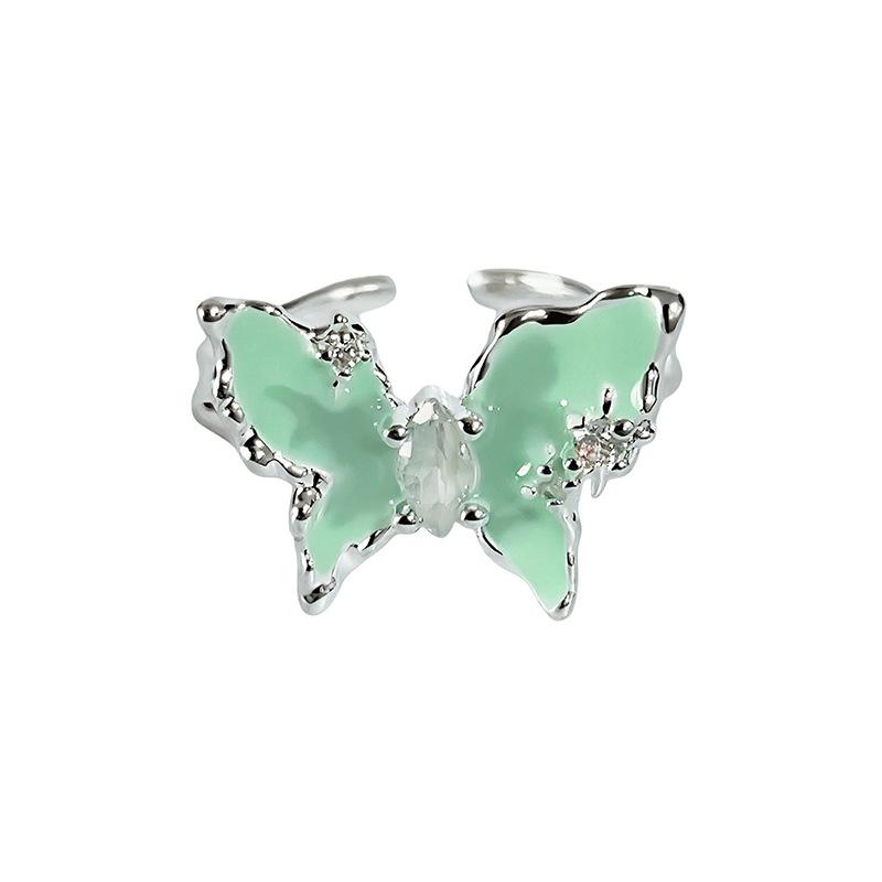 Mint Green Mambo‑Style Open Ring Mori Ethereal Vibe Enamel Butterfly Inlaid Zircon Niche Design Personalized Adjustable Stackable Decorative Ring