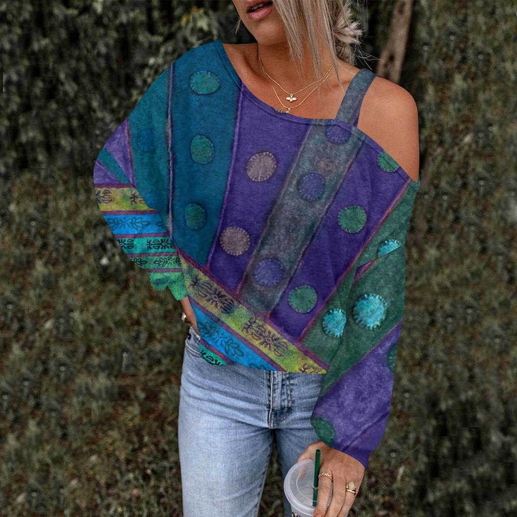 Women's Hollowed Out Fashionable Casual Floral Print Off Shoulder Hoodie Top