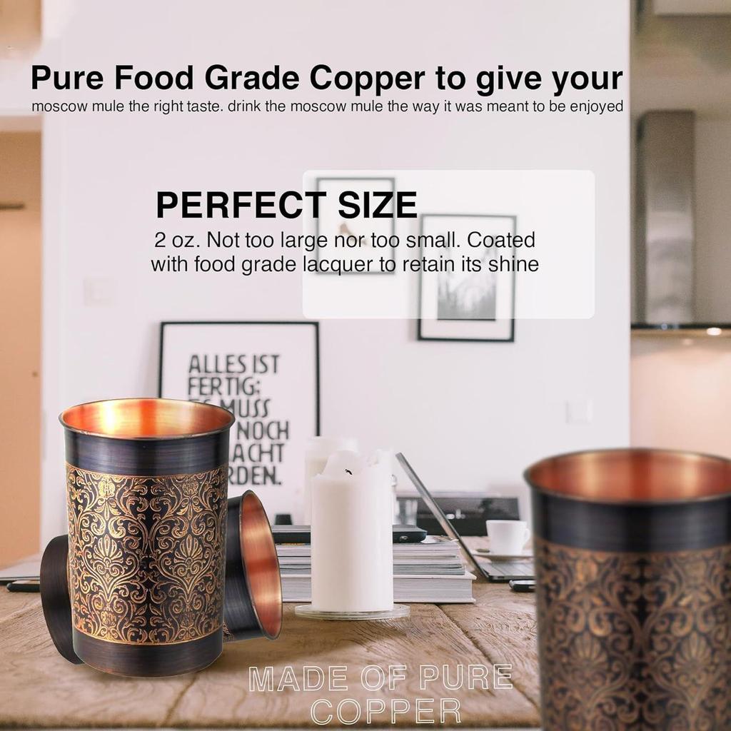 Copper Hammer Carving Water Matka Vessels Container Pot with Stainless Steel Tap 11 Litre AND Premium Copper Water Glass With Carving Design Set Of 6