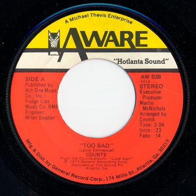 7-дюймовая пластинка COUNTS - Too Bad AW038 Aware 1974 US Soul/Funk Б/у