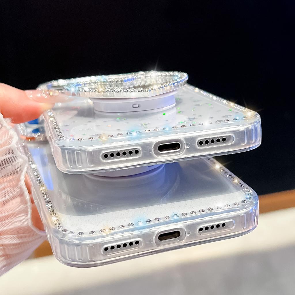 Алмазная рамка Блестящий прозрачный чехол для телефона Для iphone 16 Plus 15 14 13 pro max 16e 16promax 15promax 3D Зеркальный держатель в виде сердца