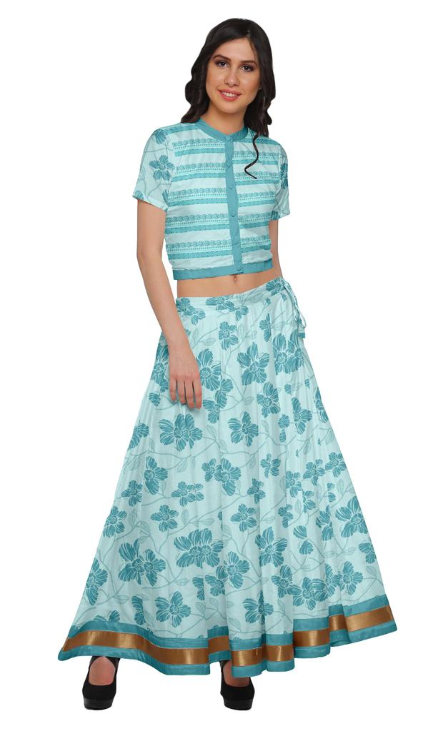 Moomaya Printed Indian Crop Top Skirt Sets Chanderi Women Ethnic Wear Plus