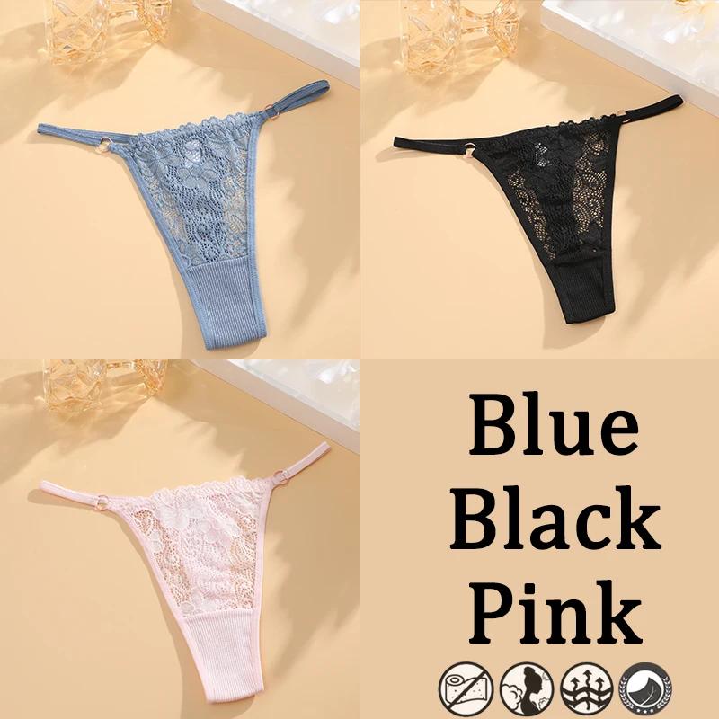 3PCs Low Waisted G-String Women American Lace Lady Cotton-Back Breathable Sheer Thin Strap Metal Thong