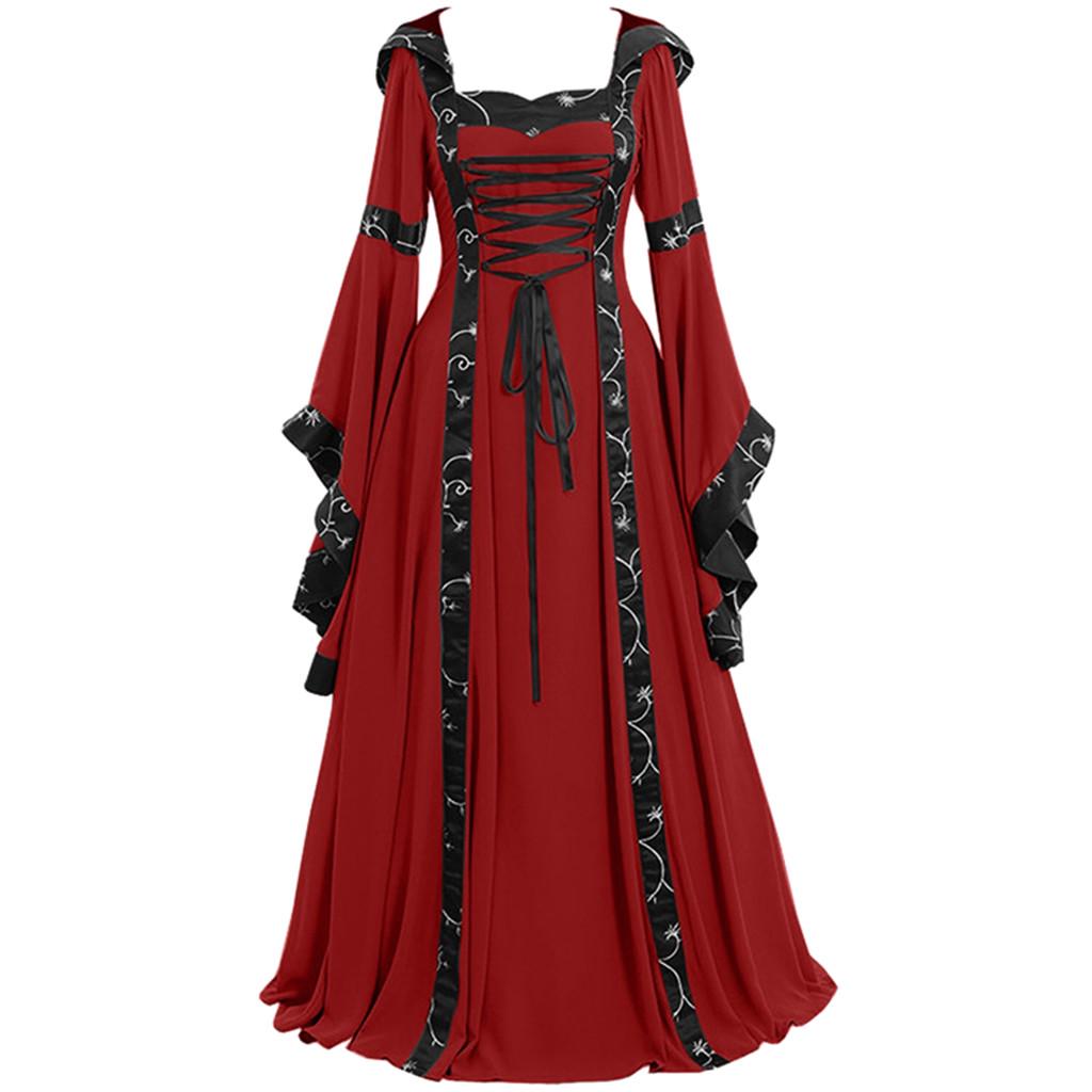 Plus Size 5XL Women Medieval Floor Length Dress Cosplay Costumes Long Bell Sleeve Lace-Up Princess Long Dress Retro Gothic Dress