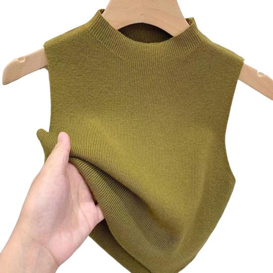 Women Knitted Vest Tops Slim Fit Half-High Collar Sleeveless Top Solid Color Stretchy Knit Blouse Daily Wear