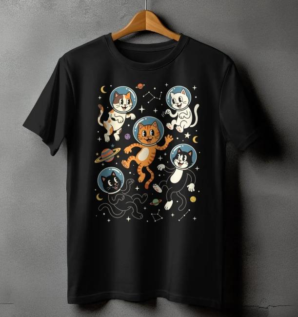 Funny Space Cats Astronaut T Shirt Retro Cat Galaxy Design Versatile Shortsleeved Tee Kawaii Casual Top for WomenGirls Unisex