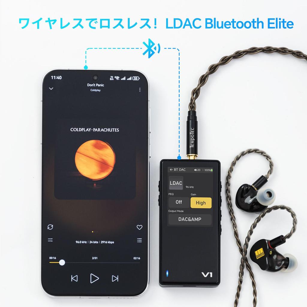 TempoTec Variations V1 Портативный Hi-Fi Музыкальный Плеер, Цифровой Аудио Плеер с Двусторонним Bluetooth 5.1, Разъемами для Наушников 4.4 мм и 3.5 мм + Черный Задний Зажим