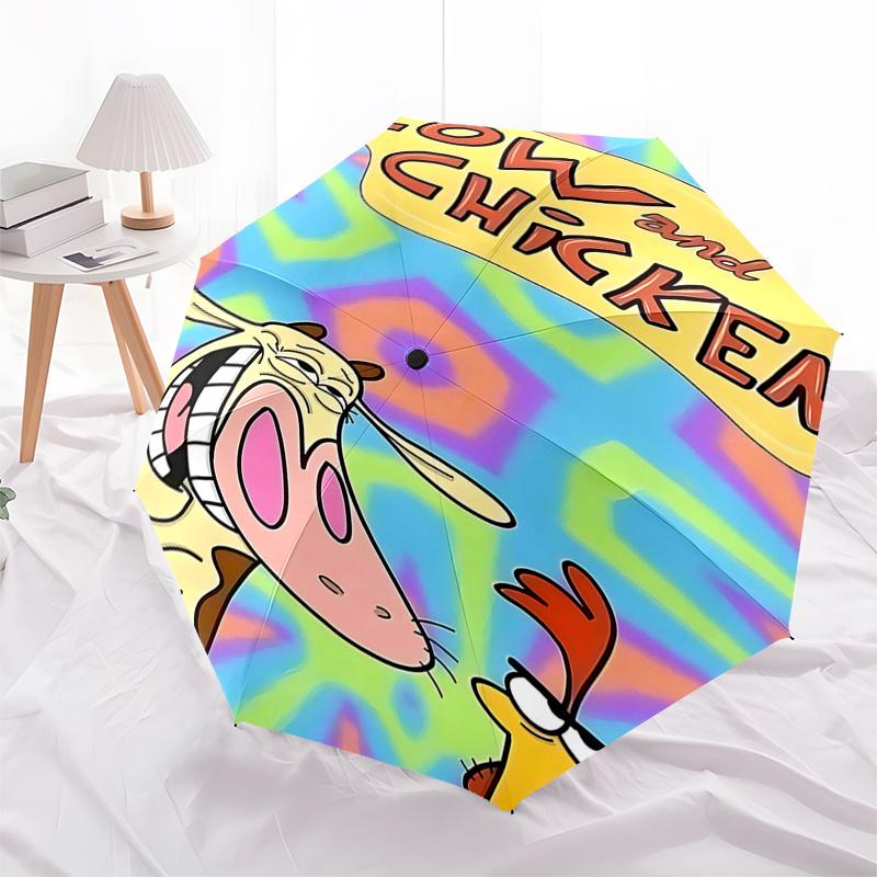 Cow and Chicken Automatic Opening/Closing Umbrella with Tie Dye Pattern Portable 3 Fold Design, 8 Bone Iron Frame Outdoor Umbrella for Festi