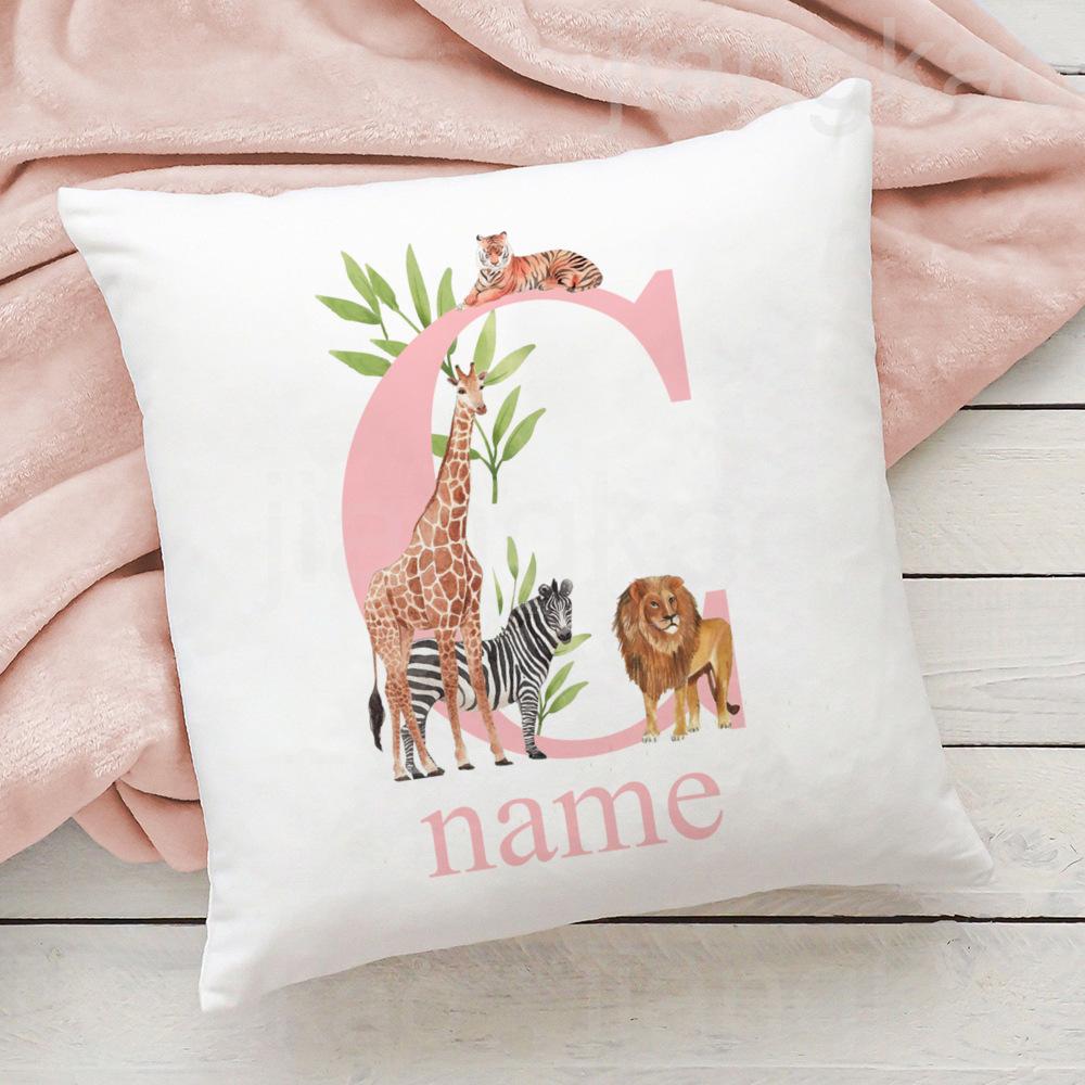 Personalized Pillow Case Initial with Name Safari Animal Pillow Cover Kids Bedroom Wild Party Decor Kids Birthday Shower Gift