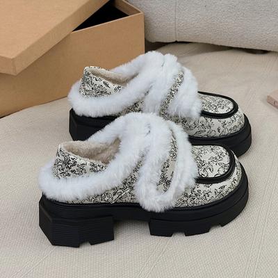 Женские мокасины с принтом на платформе и мехом, ботильоны на высоком каблуке, зима 2025, новые повседневные туфли на толстом каблуке, зимние ботинки-лодочки