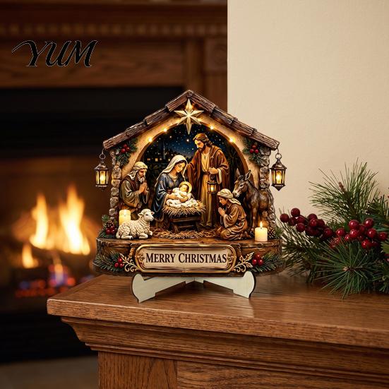 Stable Standing Manger Art Nativity Scene Wooden Tabletop Sign, Christmas Holy Family Figurine Decor, Durable Wood Set Religious Xmas Desktop