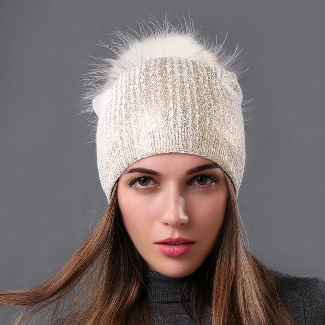 2024 New Winter Beanies Ladies Knitted Wool Warm Hats Fashion Pom Pom Real Raccoon Fur Caps Skullies Hat For Women Print Fur Cap