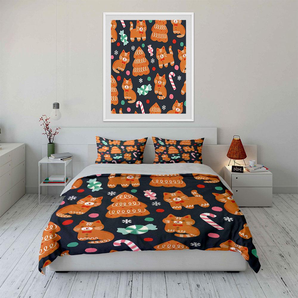 Gingerbread Cats and Sweets Bedding Duvet Cover Set Duvet Cover Pillowcases (1*Duvet Cover 2*Pillowcases, without duvet insert)