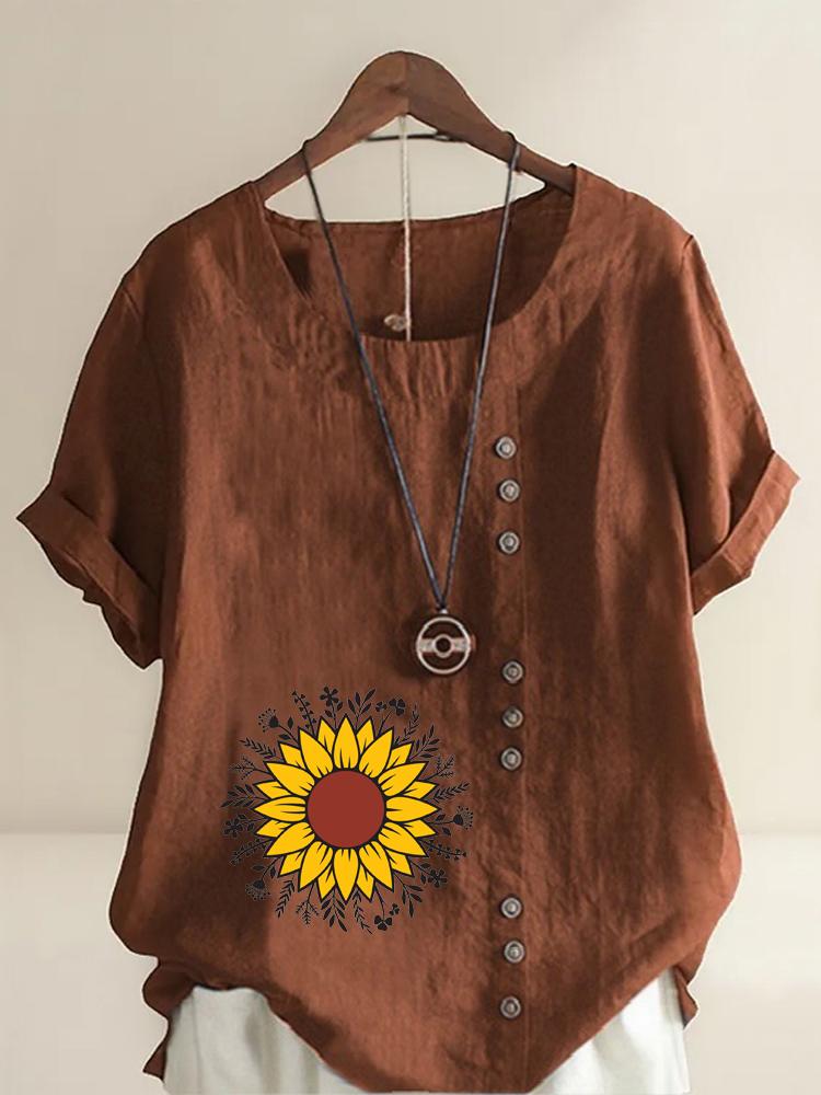 Women's Fashion Sunflower Flowers Print Shot Sleeve T-shirt Loose Cotton Shirt Casual Loose Summer Blouse Tops Plus Size