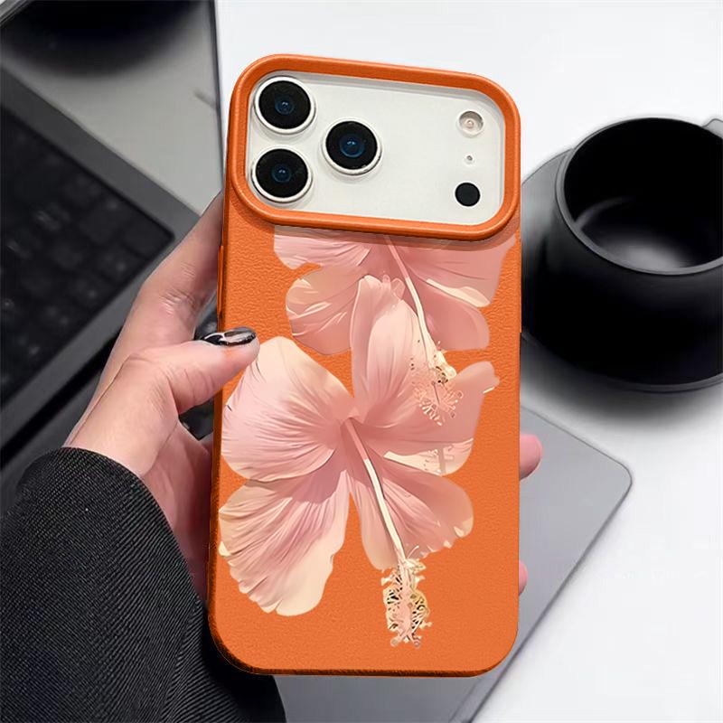 Чехол для iPhone 17 Pro Max Розовый узор цветка гибискуса Кожаная текстура Силиконовая накладка для iPhone 16 Pro Max 15 14 13 12 11 Air 16E