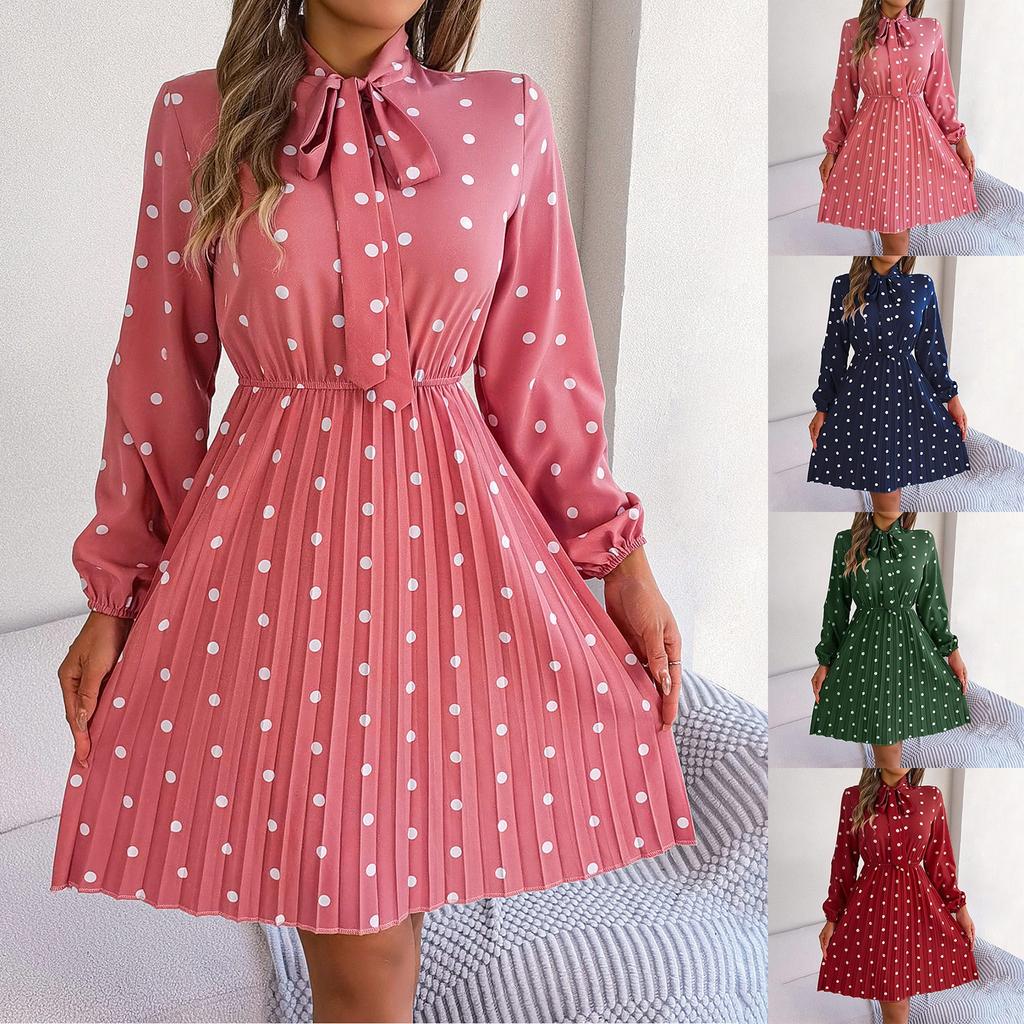 Ladies Spring And Summer New Temperament Polka Dot Lace-up Waist Long-sleeved Pleated Dress