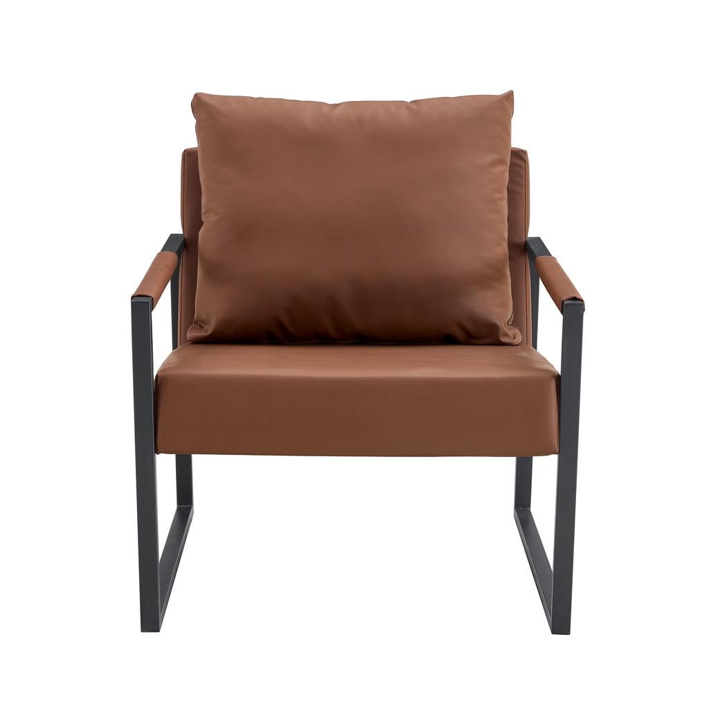 Brown Reading Chair with Black Metal Frame, Modern Casual Armchair Made of Faux Leather, Single Sofa for Living Room, Bedroom, Office