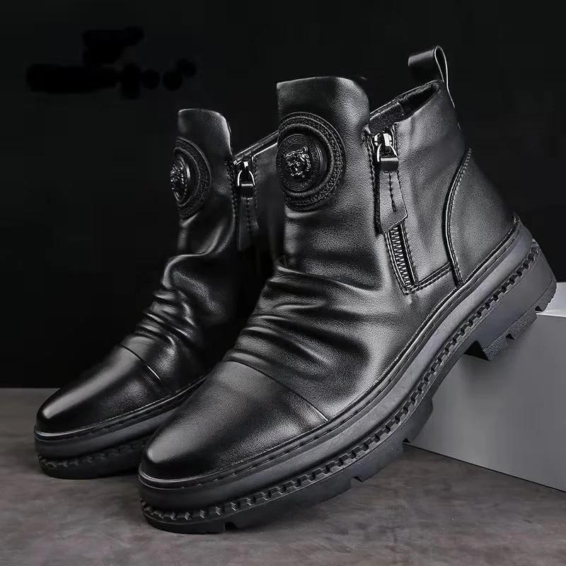 Fashion Men's Boots Fashion Motorcycle Boot Luxury Leather Ankle Boots Plush Warm Winter Boots for Men Casual Platform Boot Botas Hombre
