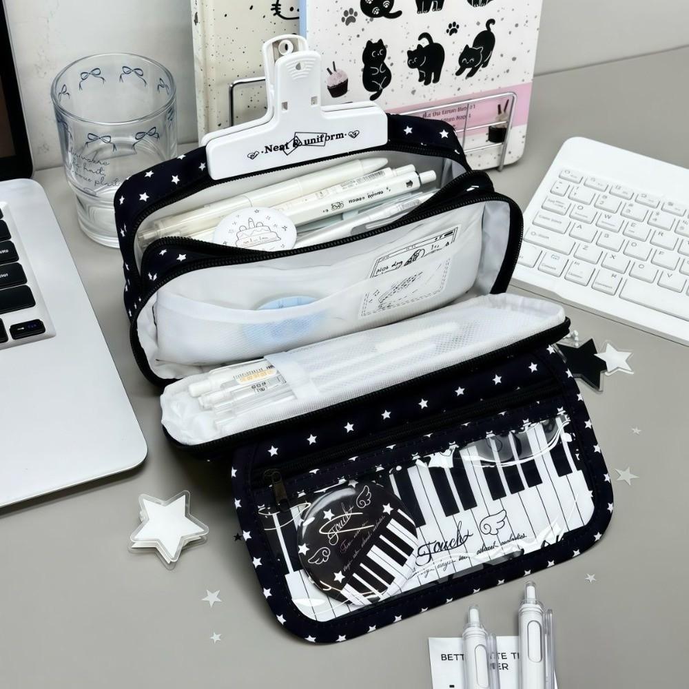 Star Piano Keyboard Print Pen Bag Multi-Layer Stationery Pouch Pencil Pouch School Supplies