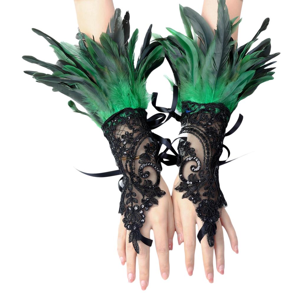 1 Pair of Halloween Feather Fingerless Gloves-black Lace Arm Cuffs for Parties and Dance Events
