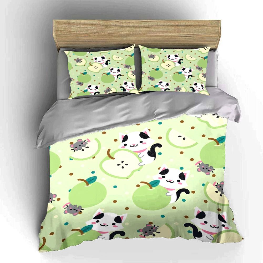 "Playful Cats and Apples Theme printed bedding set" Exquisite three-piece bedding set gift for kids and adults