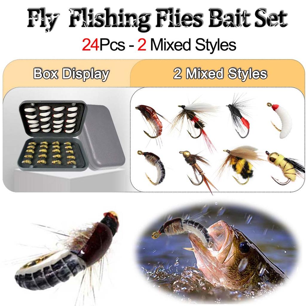 Fly Fishing Flies Kit, 24Pcs/Set Handmade Flies Fishing Lure, Dry/Wet Flies Fishing For Trout Bass Biomimetic Bait Lure, With Flies Box