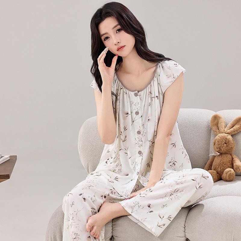 Printed buttons cotton and silk pajamas women's spring and autumn thin sleeveless trousers artificial cotton suit loose loungewear