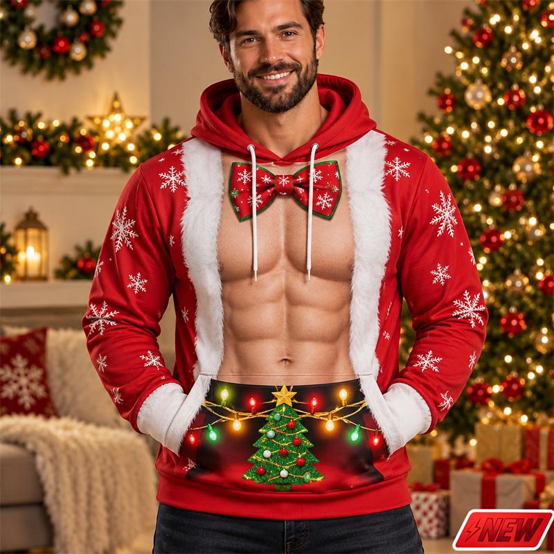 Funny Christmas Hoodie 3D Printed Fake Muscle Santa Suit Bow Tie Christmas Tree Pattern Hoodies Long Sleeve Sweatshirt Unisex